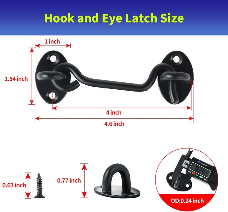Dluno 4" Hook and Eye Latch 6-Pack, Heavy Duty Solid Stainless Steel Cabin Privacy Hooks Latch with Mounting Screws for Barn Doors, Bathrooms, Sliding Doors, Sheds, Blinds, Bedrooms. (Black) - Image 2